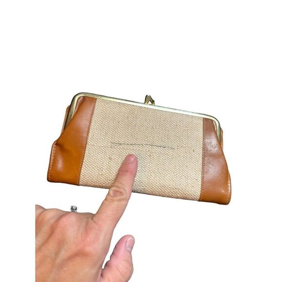 Vintage Brown Leather & Canvas  burlap Clutch Wallet With Snap Closure - Picture 3 of 12